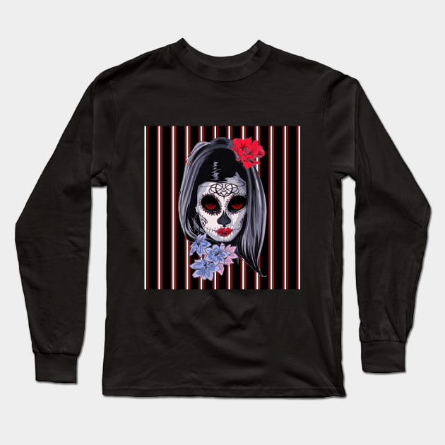 Red White and Black Striped Graphic & makeup mask,floral,flower skull Long Sleeve T-Shirt by SAM DLS